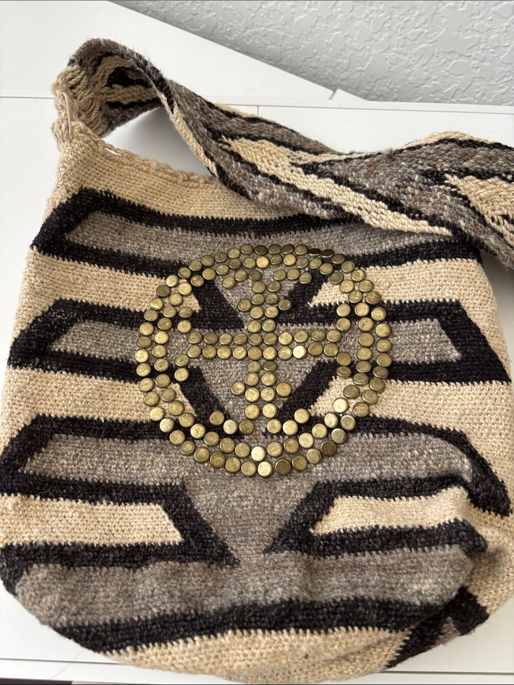 Studded hand woven wool Crossbody Bag in Beige & Black